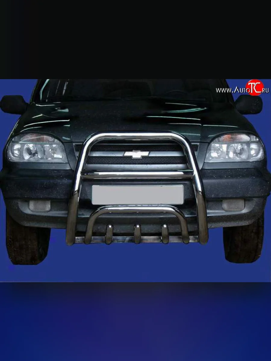 Защита переднего бампера Сталь-мастер из труб диаметром 60 мм с защитой картера Акула и дополнительной скобой Chevrolet Niva 2123 дорестайлинг (2002-2008)  в Самаре Самарской области