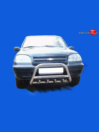 Защита переднего бампера Сталь-мастер из труб диаметром 60 мм с защитой картера Акула с короткими зубьями Chevrolet Niva 2123 дорестайлинг (2002-2008)