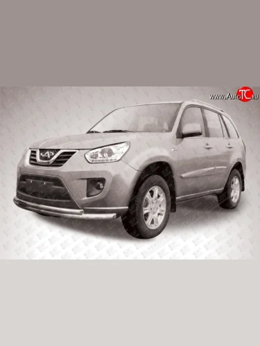 Двойная защита переднего бампера из двух труб диаметром 57 и 42 мм Slitkoff (Нержавейка) Chery Tiggo T11 (2013-2016) рестайлинг