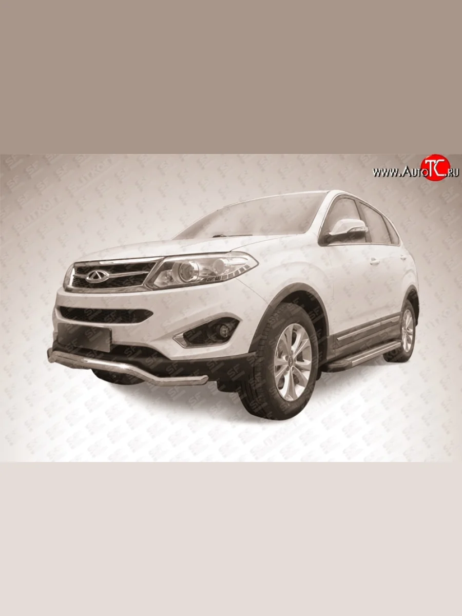 Фигурная защита переднего бампера диаметром 57 мм Slitkoff  Chery Tiggo 5 (2014-2017) (T21) (Нержавейка, Полированная)  с доставкой в г. Пермь