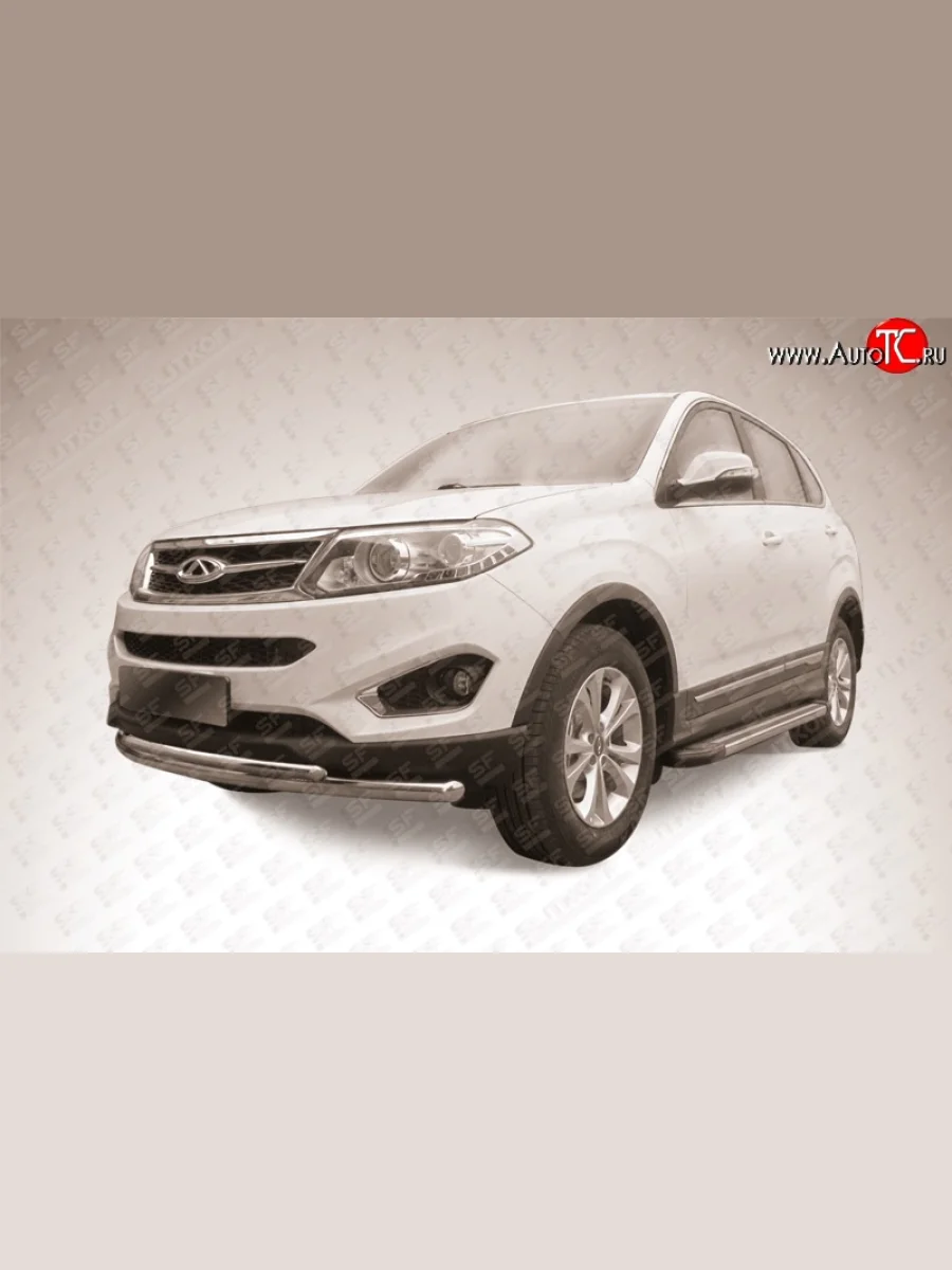 Двойная защита переднего бампера из двух труб диаметром 57 и 42 мм Slitkoff Chery Tiggo 5 (T21) дорестайлинг (2014-2017) (Нержавейка, Полированная)  с доставкой в г. Керчь