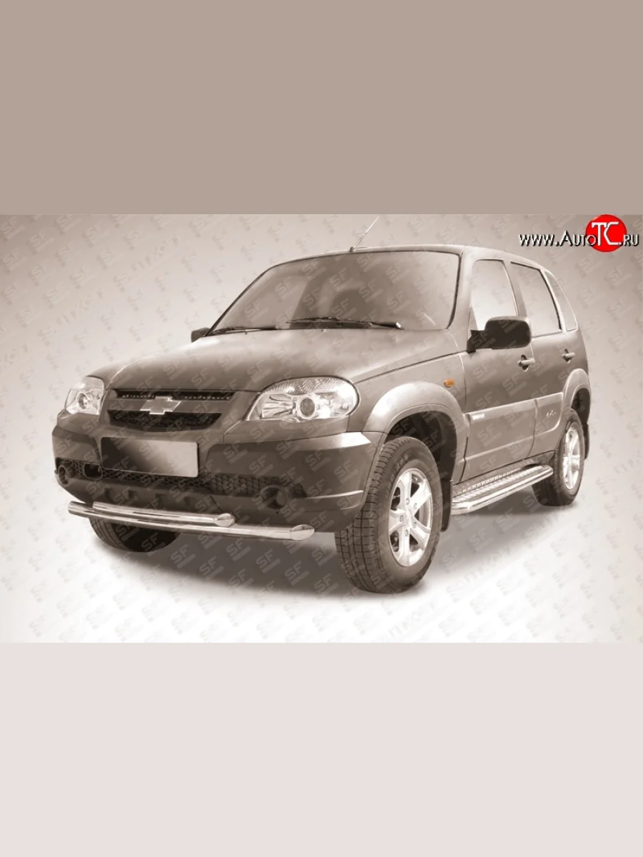 Двойная защита переднего бампера из труб диаметрами по 57 мм Slitkoff  Chevrolet Niva (2009-2020), Лада ВАЗ 2123 (Нива Шевроле) (2009-2021) (Цвет: нержавеющая полированная сталь)  В Кинешме Ивановской области