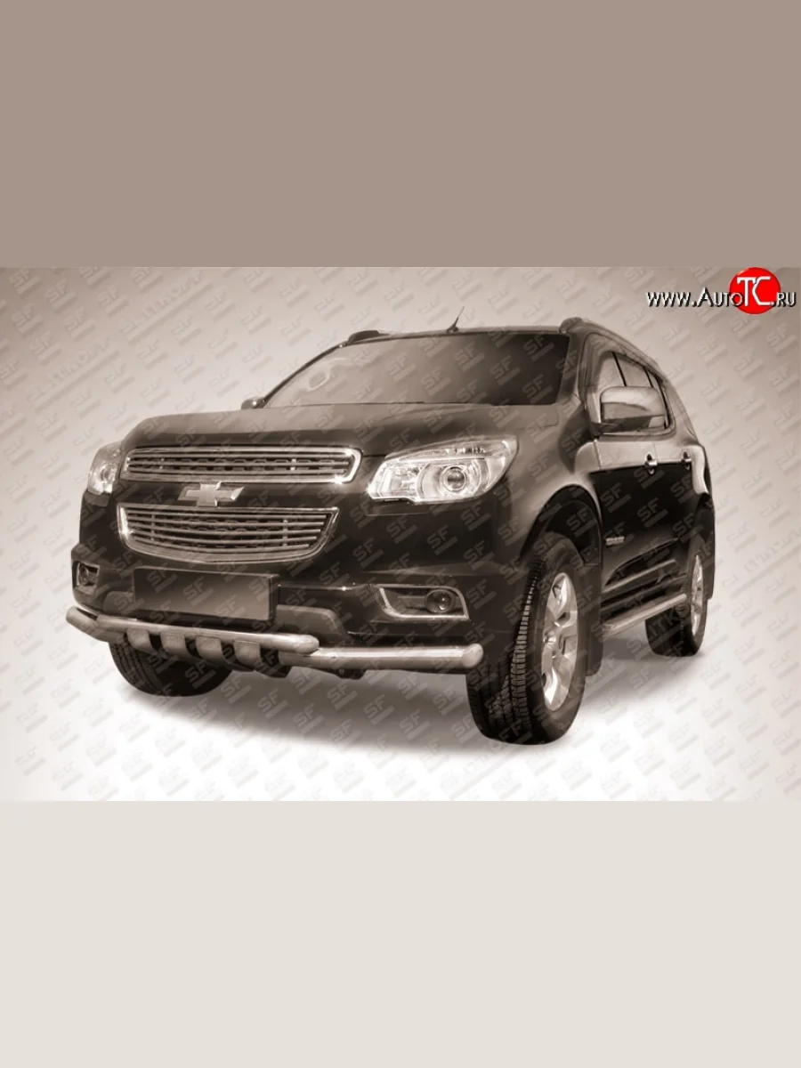 Защита переднего бампера из трёх труб диаметрами 76 и 57 мм с зубьями Slitkoff Chevrolet Trailblazer GM800 дорестайлинг (2012-2016)  В Кинешме Ивановской области