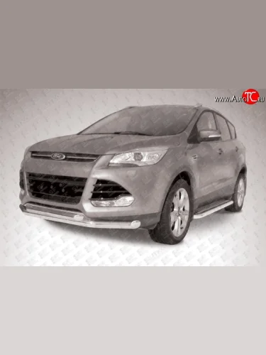 Двойная защита переднего бампера из двух труб диаметром 76 и 57 мм Slitkoff (Нержавейка) Ford Kuga  2 (2013-2016) дорестайлинг