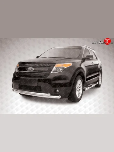 Двойная защита переднего бампера из двух труб диаметром 76 и 57 мм Slitkoff (Нержавейка) Ford Explorer  U502 (2010-2016) дорестайлинг
