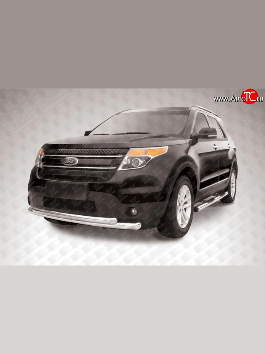 Двойная защита переднего бампера из двух труб диаметром 76 и 57 мм Slitkoff  Ford Explorer (2010-2016) U502 (Нержавейка, Полированная)  с доставкой в г. Керчь