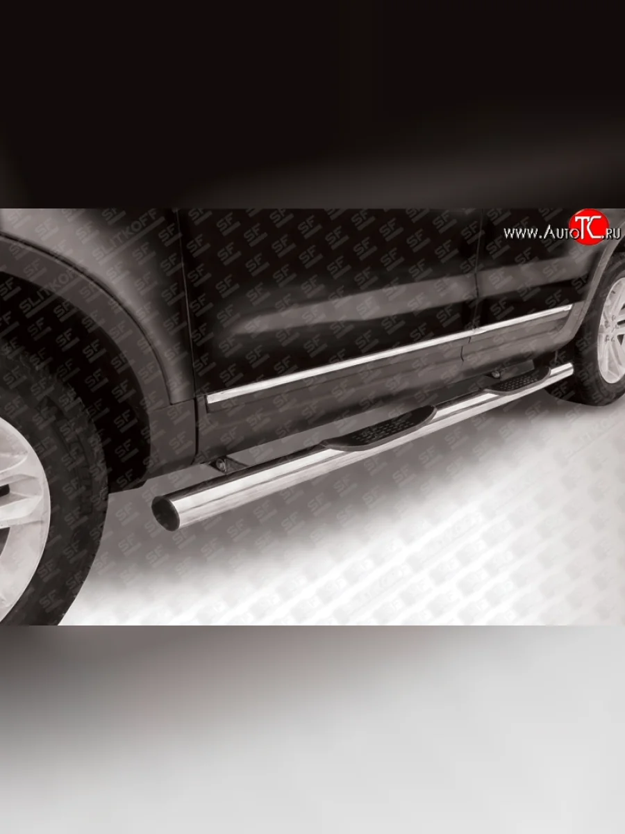 Защита порогов из трубы d76 мм с пластиковыми вставками для ног Slitkoff Ford Explorer U502 дорестайлинг (2010-2016) (Нержавейка, Полированная)  в Керчи Республика Крым