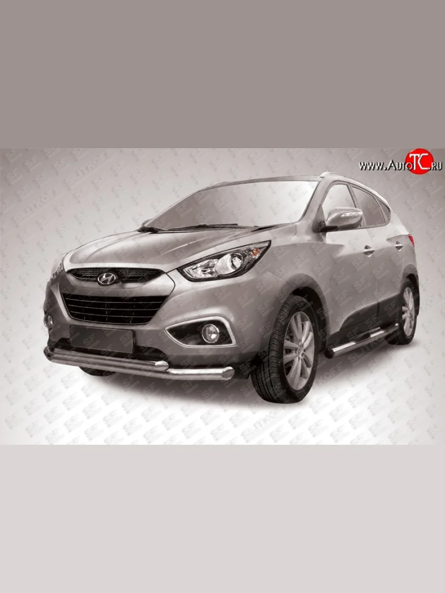 Двойная защита переднего бампера из труб с угловатыми сгибами диаметром 76 и 57 мм Slitkoff  Hyundai IX35 (2009-2018) LM (Нержавейка, Полированная)  с доставкой в г. Пермь