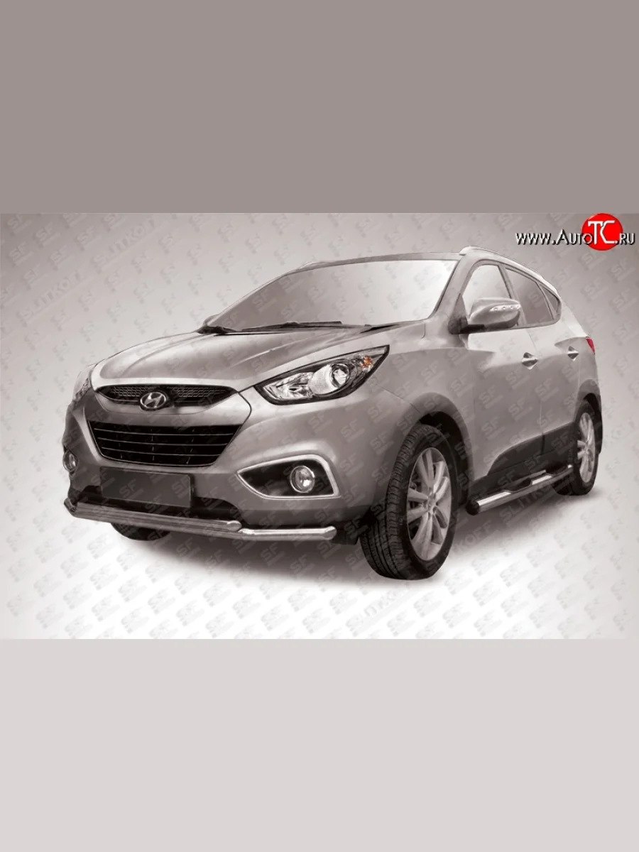 Двойная защита переднего бампера из труб с угловатыми сгибами диаметром 57 и 42 мм Slitkoff  Hyundai IX35 (2009-2018) LM (Нержавейка, Полированная)  с доставкой в г. Керчь