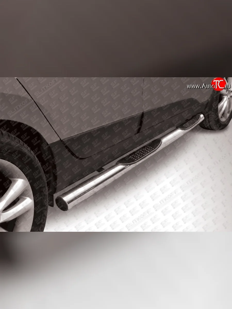 Защита порогов из трубы d76 мм с пластиковыми вставками для ног Slitkoff Hyundai IX35 LM дорестайлинг (2009-2013) (Нержавейка, Полированная)  в Перми Пермском крае