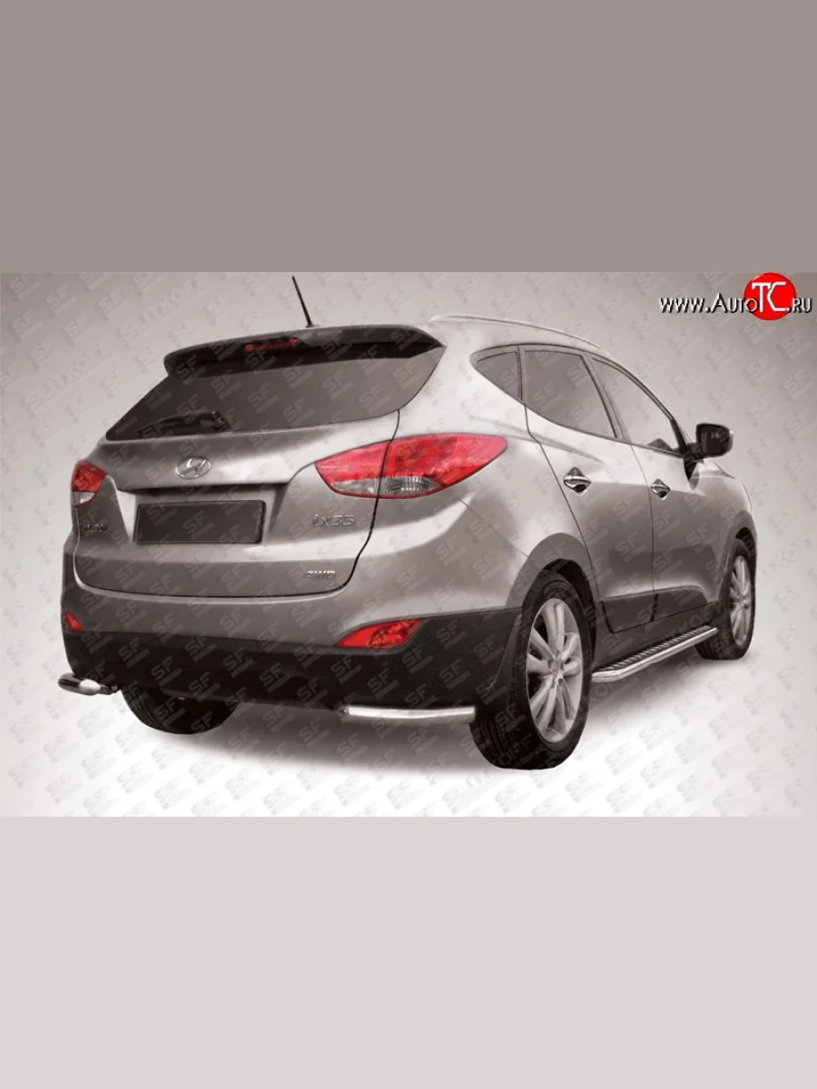 Защита заднего бампера из двух боковых уголков диаметром 57 мм Slitkoff Hyundai IX35 LM дорестайлинг (2009-2013) (Нержавейка, Полированная)  с доставкой в г. Керчь