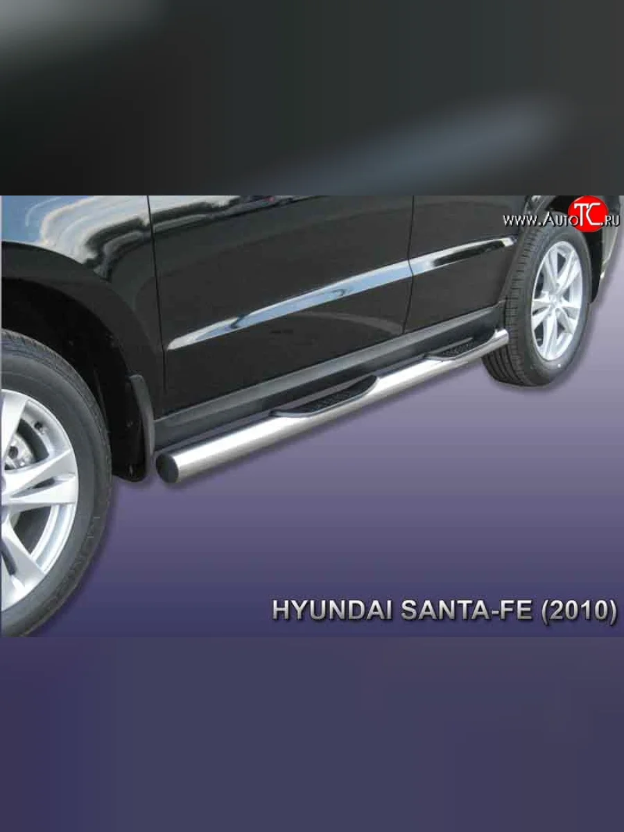 Защита порогов из трубы d76 мм с пластиковыми вставками для ног Slitkoff Hyundai Santa Fe CM рестайлинг (2009-2012) (Нержавейка, Полированная)  в Перми Пермском крае
