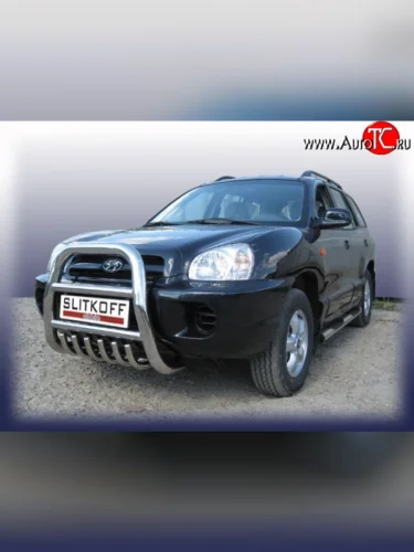 Усиленная высокая защита переднего бампера с защитой картера из трубы диаметром 76 мм Slitkoff Hyundai Santa Fe  SM (2000-2012)