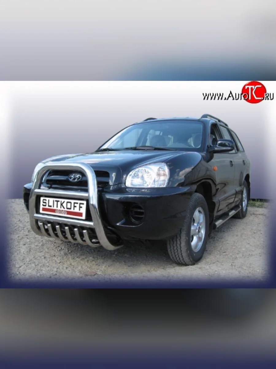 Усиленная высокая защита переднего бампера с защитой картера из трубы диаметром 76 мм Slitkoff  Hyundai Santa Fe (2000-2012) SM  с доставкой в г. Керчь