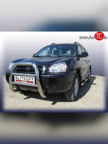 Усиленная высокая защита переднего бампера из трубы диаметром 76 мм Slitkoff Hyundai Santa Fe  SM (2000-2012)