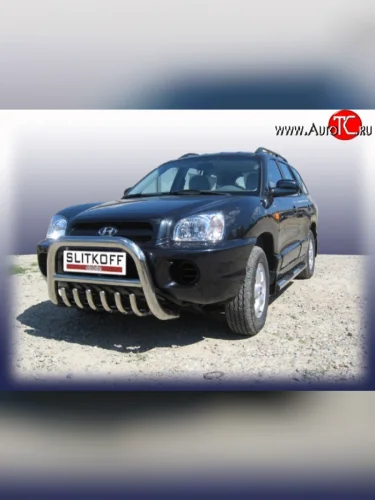 Усиленная низкая защита переднего бампера с защитой картера из трубы диаметром 76 мм Slitkoff Hyundai Santa Fe  SM (2000-2012)