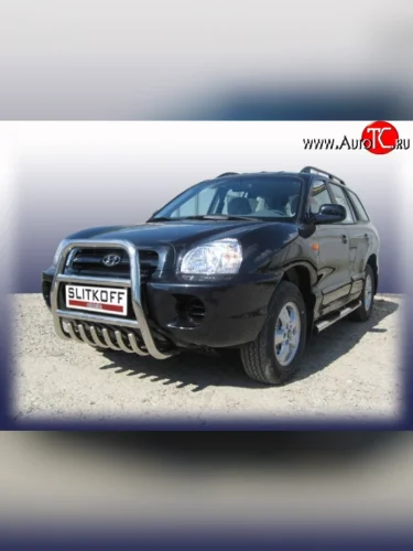 Усиленная высокая защита переднего бампера с защитой картера из трубы диаметром 57 мм Slitkoff Hyundai Santa Fe  SM (2000-2012)