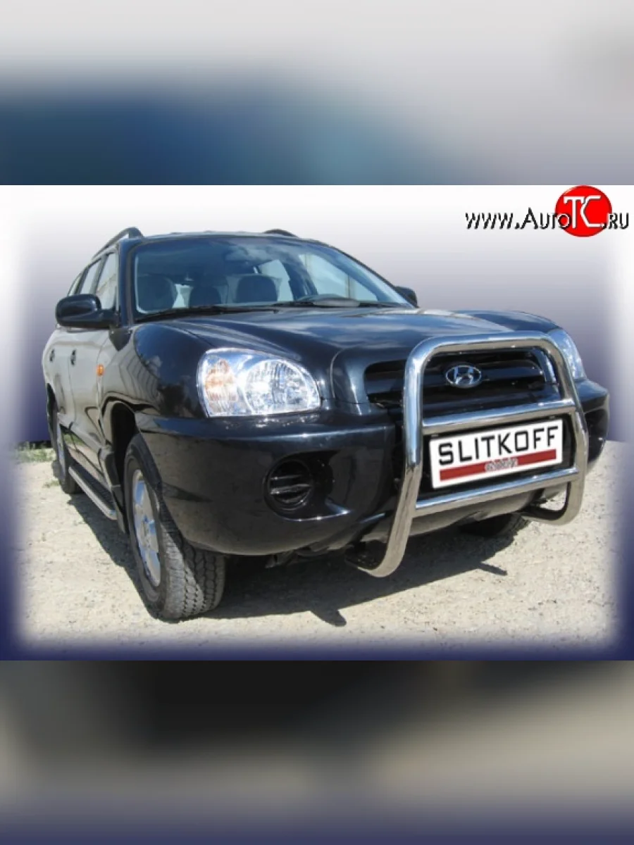 Усиленная высокая защита переднего бампера из трубы диаметром 57 мм Slitkoff  Hyundai Santa Fe (2000-2012) SM (Цвет: нержавеющая полированная сталь)  с доставкой в г. Керчь