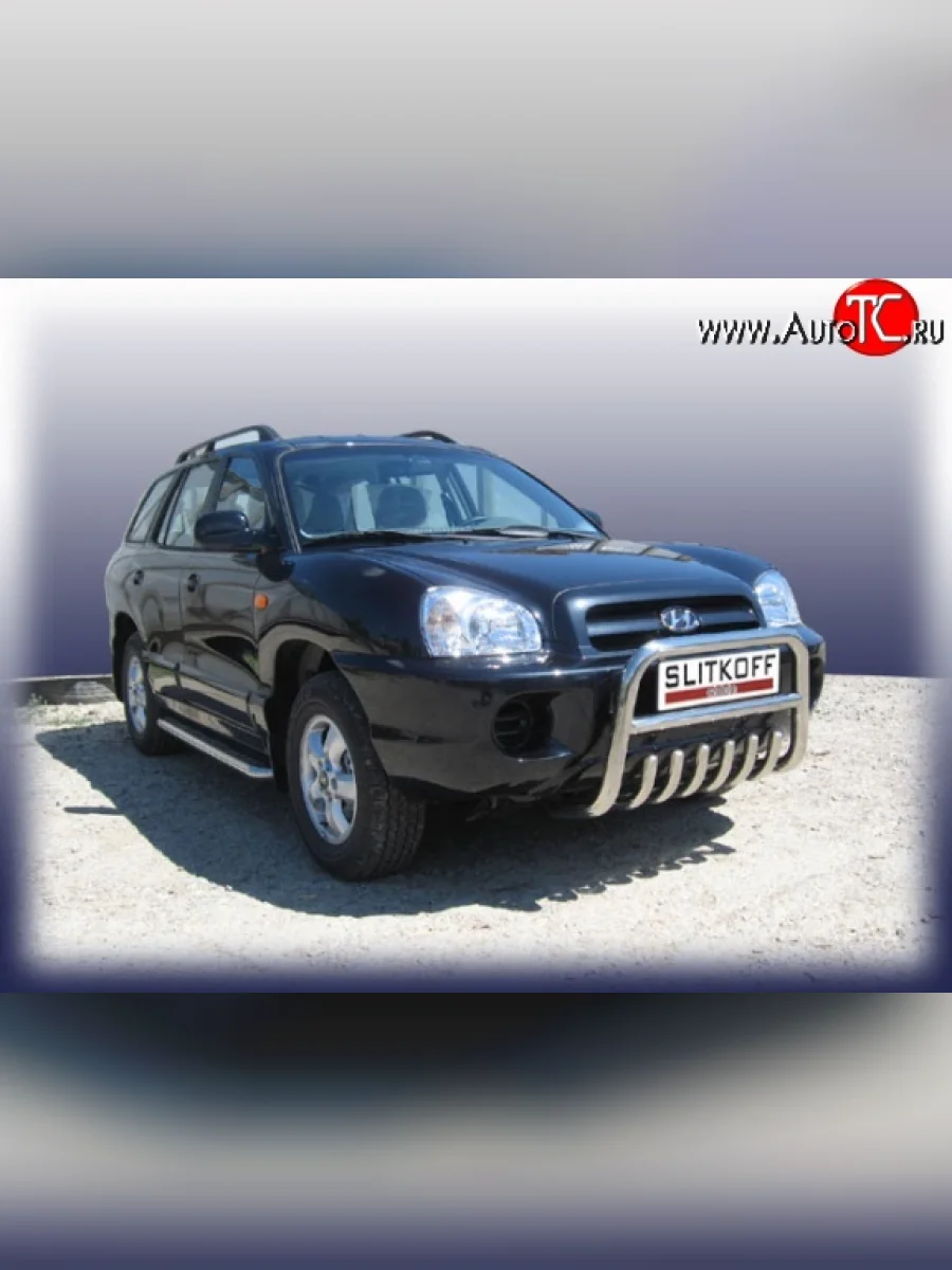 Усиленная низкая защита переднего бампера с защитой картера из трубы диаметром 57 мм Slitkoff Hyundai Santa Fe SM (2000-2012)  в Перми Пермском крае