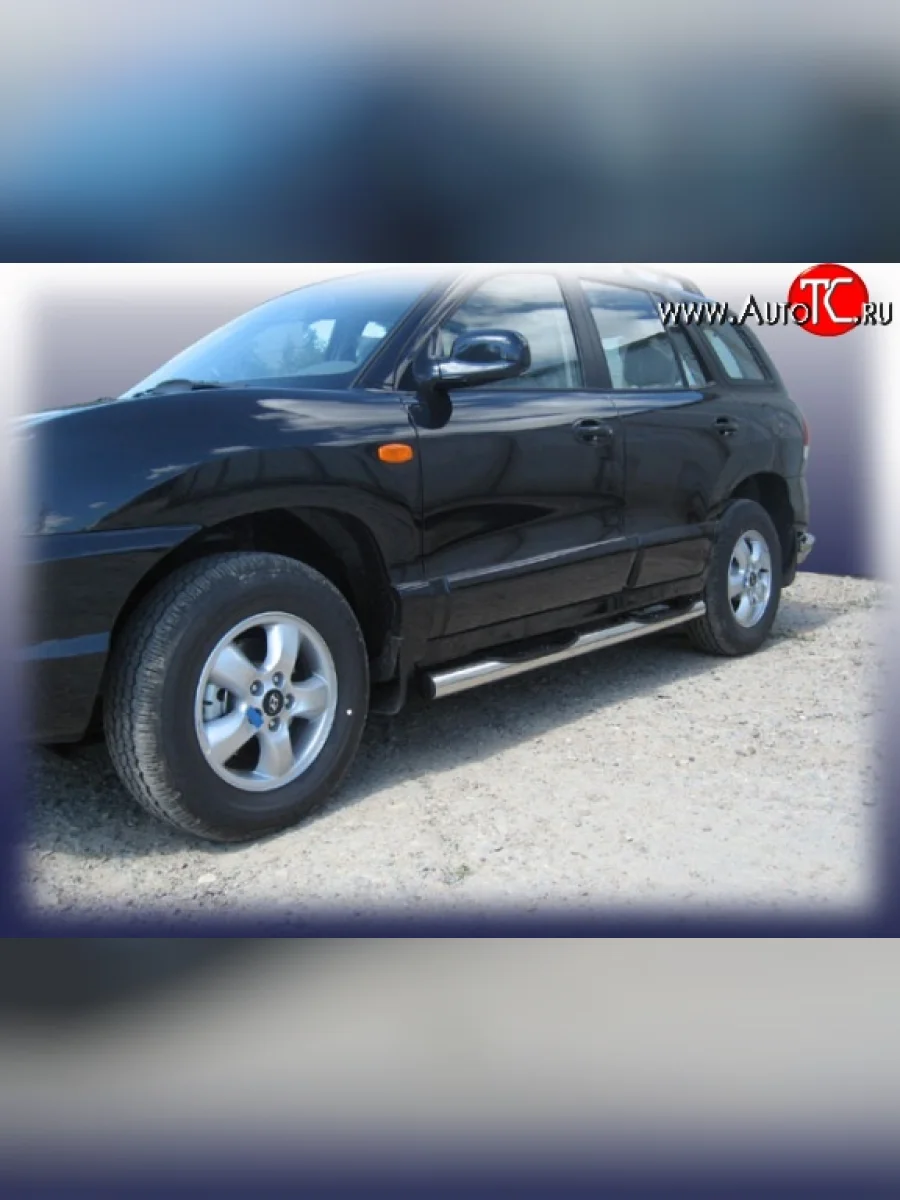 Защита порогов из трубы d76 мм с пластиковыми вставками для ног Slitkoff Hyundai Santa Fe SM (2000-2012) (Нержавейка, Полированная)  в Керчи Республика Крым