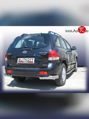 Защита заднего бампера из двойных боковых уголков с диаметром труб 57 и 42 мм Slitkoff (Нержавейка) Hyundai Santa Fe  SM (2000-2012)