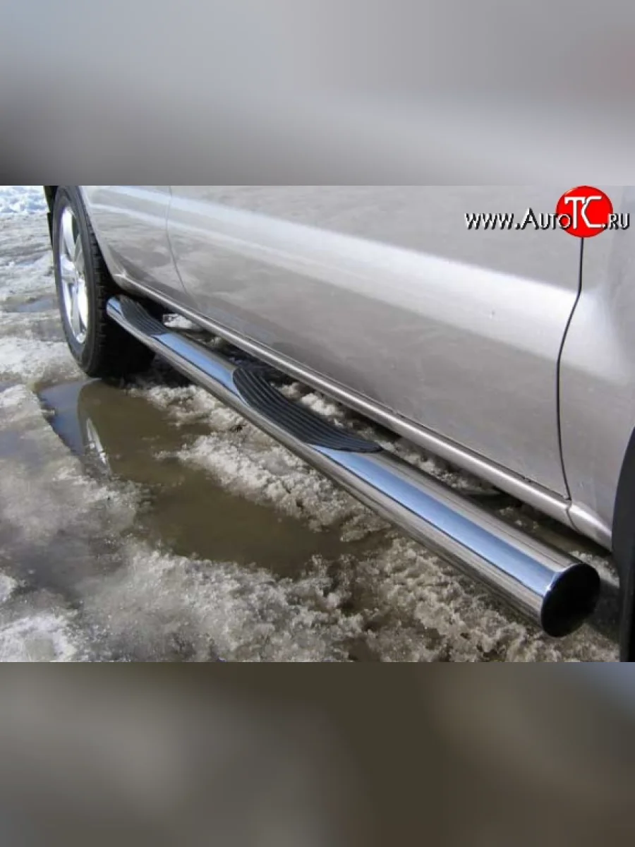 Защита порогов из трубы d76 мм с пластиковыми вставками для ног Slitkoff Hyundai Tucson JM (2004-2010) (Нержавейка, Полированная)  в Перми Пермском крае