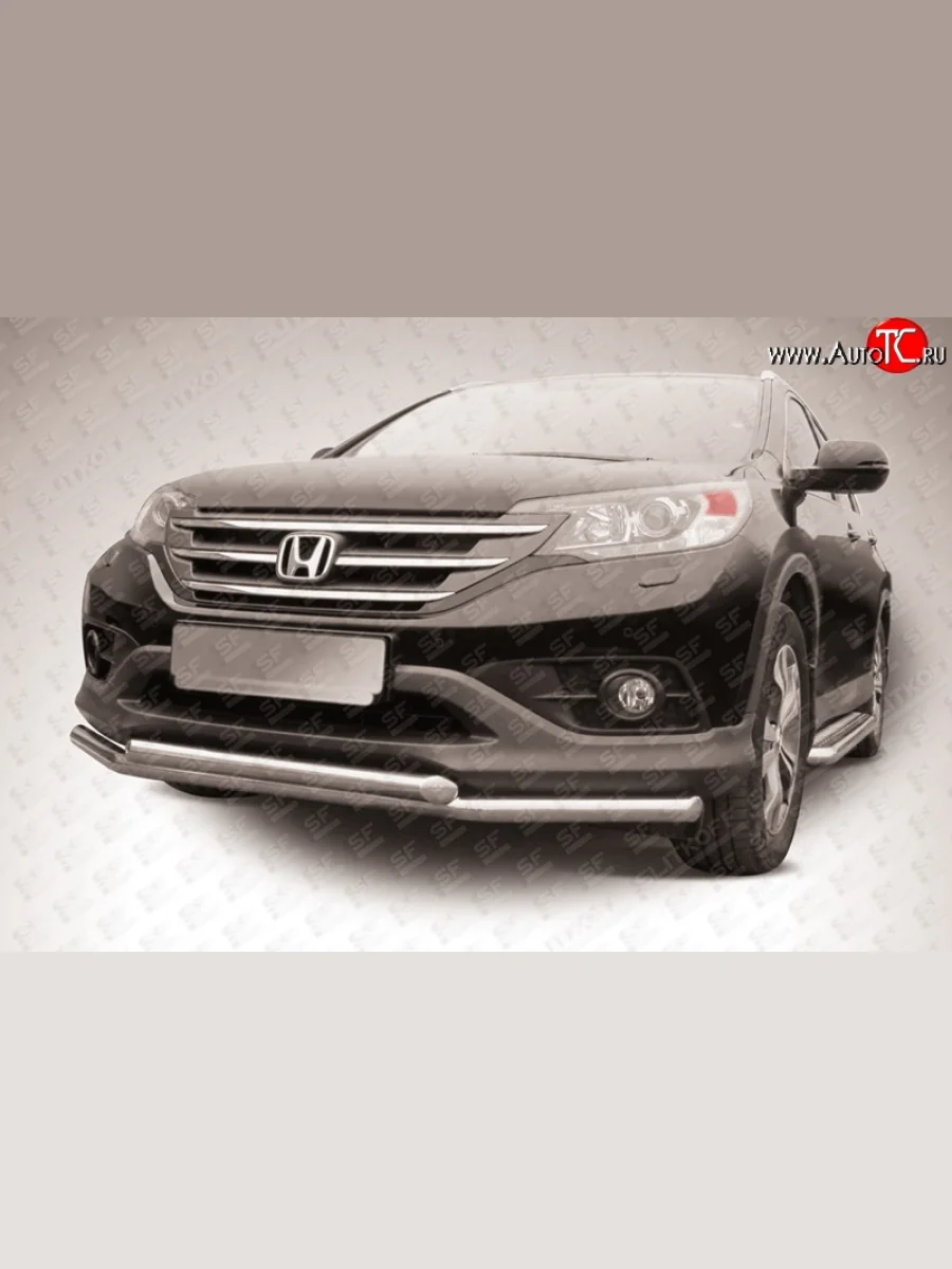 Двойная защита переднего бампера из труб диаметрами по 57 мм Slitkoff  Honda CR-V (2012-2015) RM1,RM3,RM4 (Нержавейка, Полированная)  с доставкой в г. Керчь