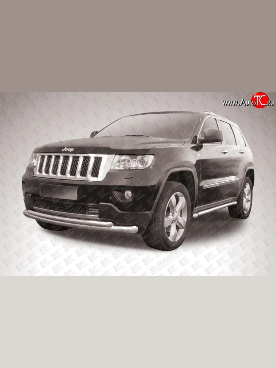Двойная защита переднего бампера из двух труб диаметром 76 и 57 мм Slitkoff Jeep Grand Cherokee WK2 дорестайлинг (2010-2013) (Нержавейка, Полированная)  в Самаре Самарской области