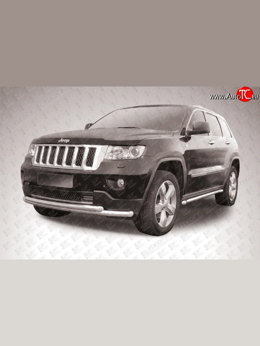 Двойная защита переднего бампера из труб диаметрами по 57 мм Slitkoff  Jeep Grand Cherokee (2010-2013) WK2 (Нержавейка, Полированная)  с доставкой в г. Пермь
