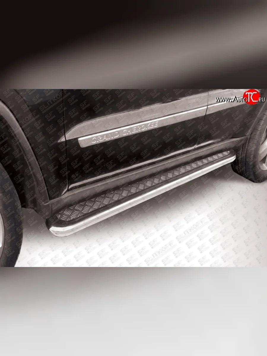 Защита порогов из трубы с листом d57 Slitkoff (усиленная) Jeep Grand Cherokee WK2 дорестайлинг (2010-2013) (Нержавейка, Полированная)  с доставкой в г. Керчь