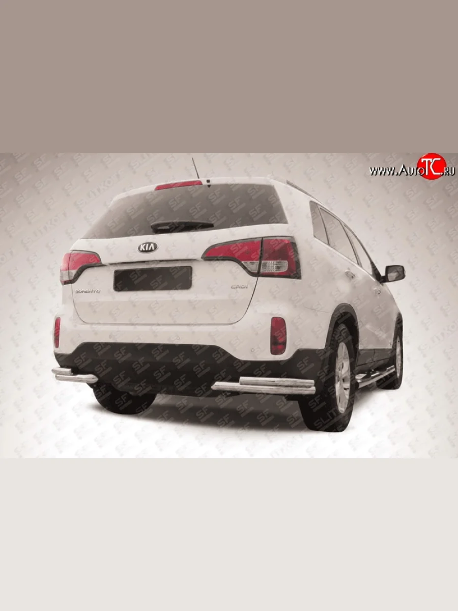 Защита заднего бампера из двойных боковых уголков с диаметром труб 57 и 42 мм Slitkoff KIA Sorento XM рестайлинг (2012-2015) (Нержавейка, Полированная)  с доставкой в г. Керчь