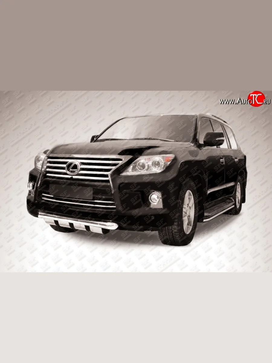 Одинарная защита переднего бампера из трубы диаметром 76 мм с защитой картера Slitkoff Lexus LX570 J200 1-ый рестайлинг (2012-2015) (Нержавейка, Полированная)  с доставкой в г. Пермь