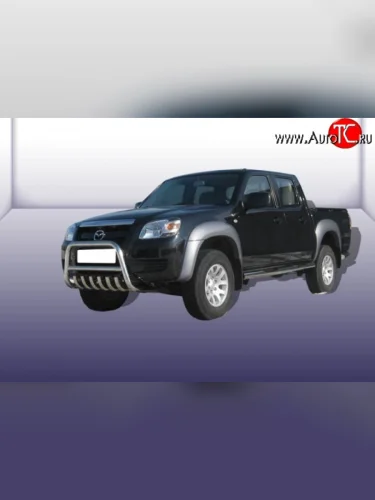 Усиленная низкая защита переднего бампера с защитой картера из трубы диаметром 57 мм Slitkoff (Нержавейка) Mazda BT-50 (2006-2011)