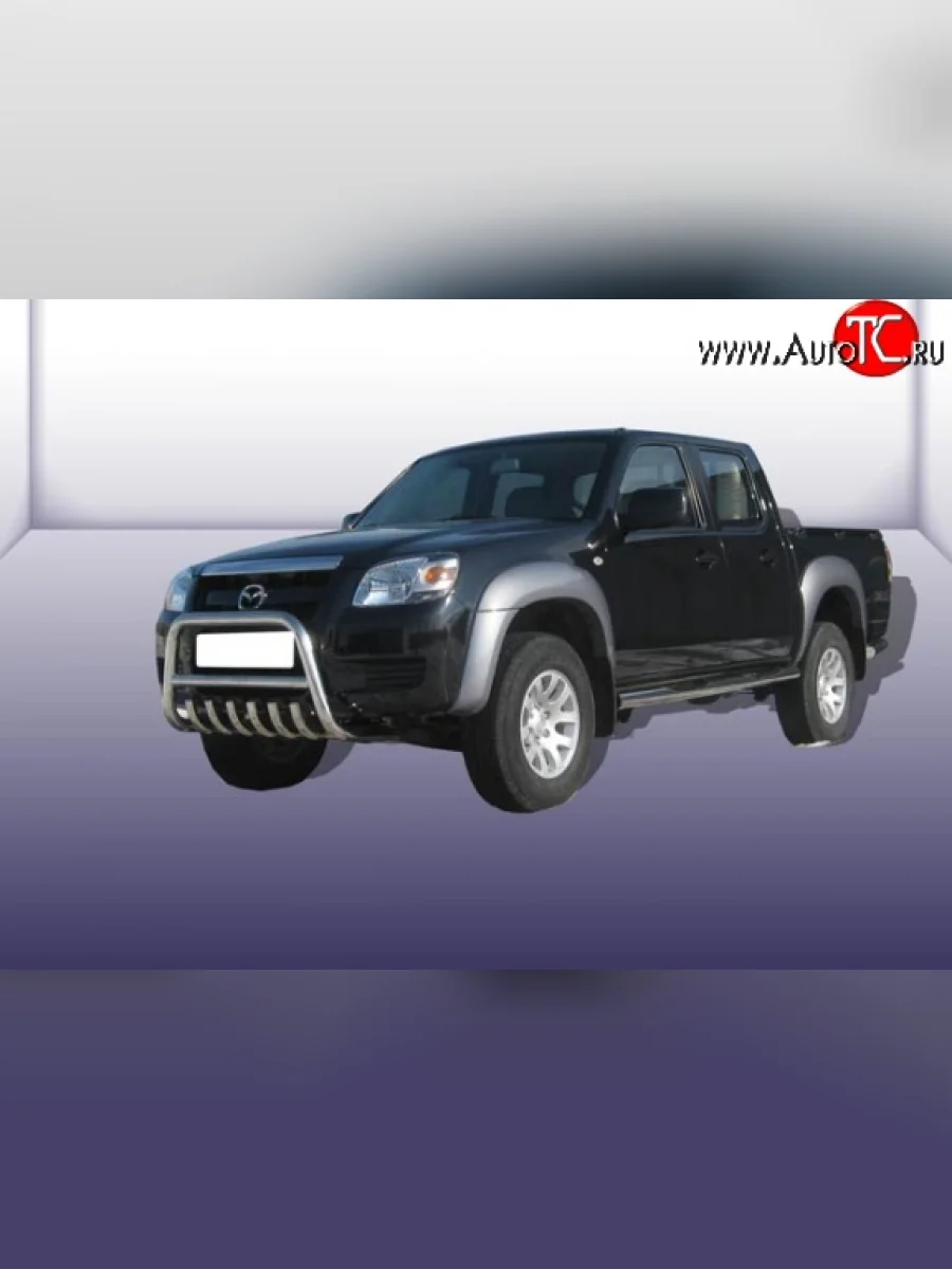 Усиленная низкая защита переднего бампера с защитой картера из трубы диаметром 57 мм Slitkoff Mazda BT-50 (2006-2011) (Нержавейка, Полированная)  в Самаре Самарской области