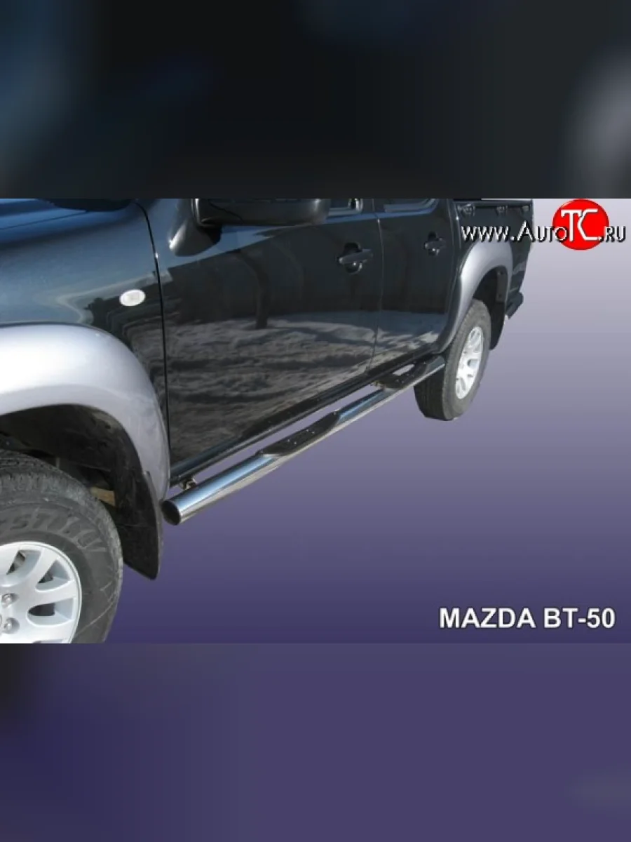 Защита порогов из трубы d76 мм с пластиковыми вставками для ног Slitkoff Mazda BT-50 (2006-2011) (Нержавейка, Полированная)  в Керчи Республика Крым