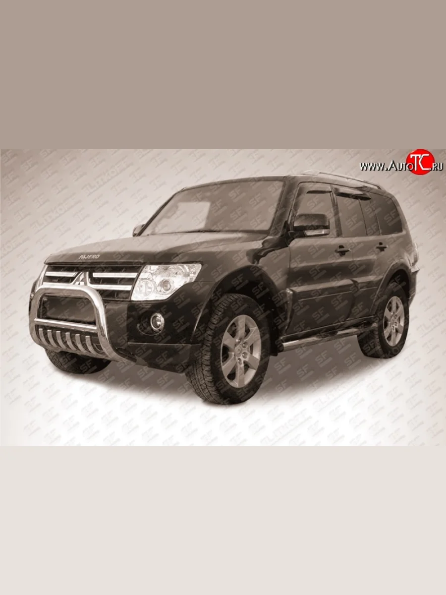 Усиленная низкая защита переднего бампера с защитой картера из трубы диаметром 76 мм Slitkoff  Mitsubishi Pajero (2006-2015) 4 V90, 4 V80 (Нержавейка, Полированная)  в Перми Пермском крае