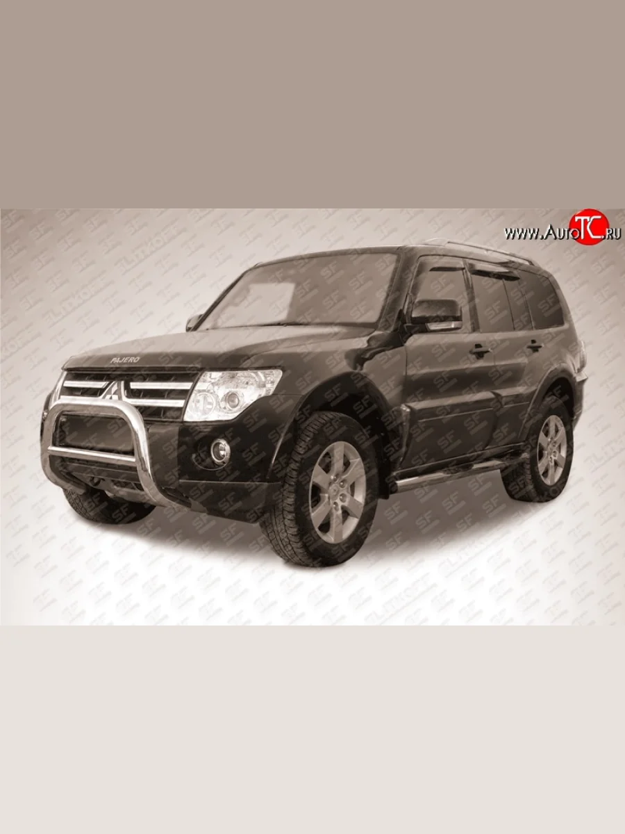 Усиленная низкая защита переднего бампера из трубы диаметром 76 мм Slitkoff Mitsubishi Pajero 4 V80 дорестайлинг (2006-2011) (Нержавейка, Полированная)  в Керчи Республика Крым