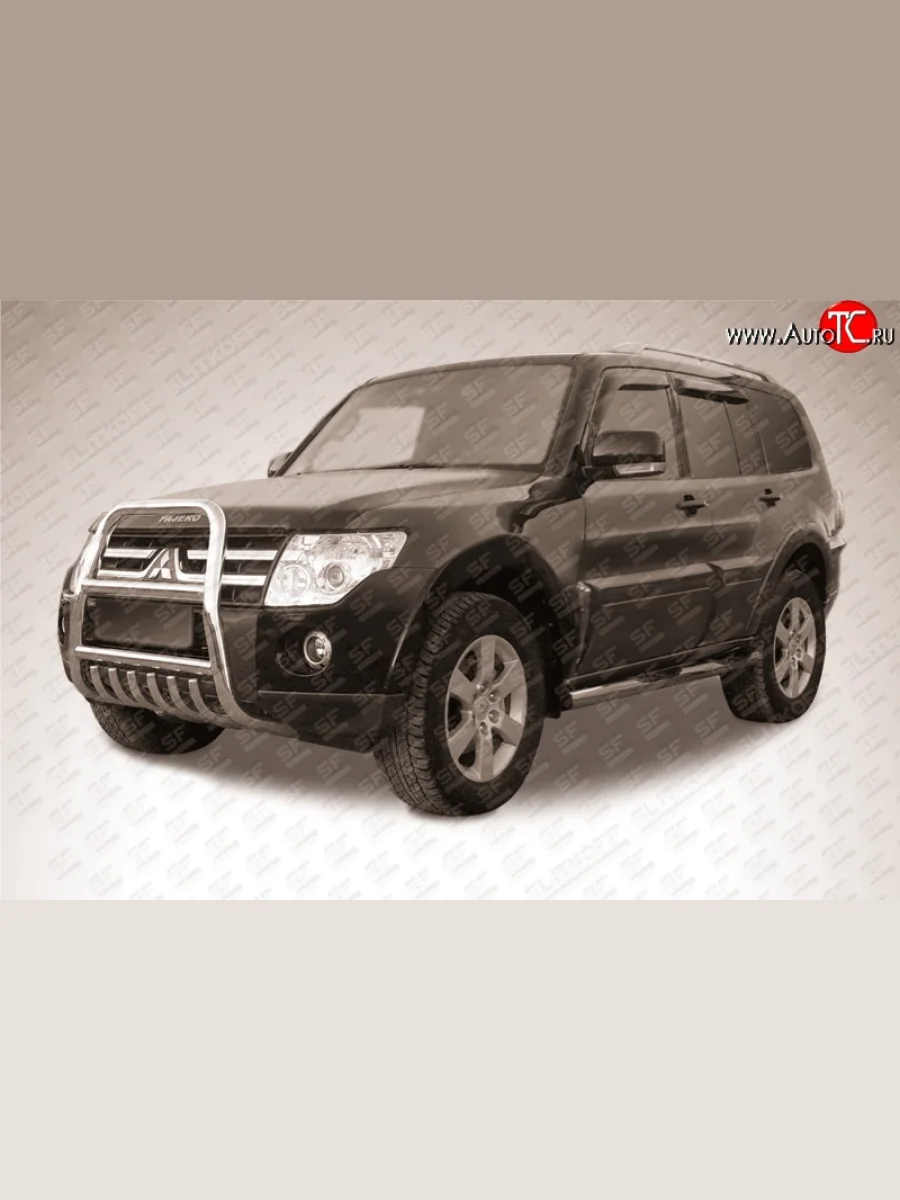 Усиленная высокая защита переднего бампера с защитой картера из трубы диаметром 57 мм Slitkoff Mitsubishi Pajero 4 V90 дорестайлинг (2006-2011)  в Керчи Республика Крым