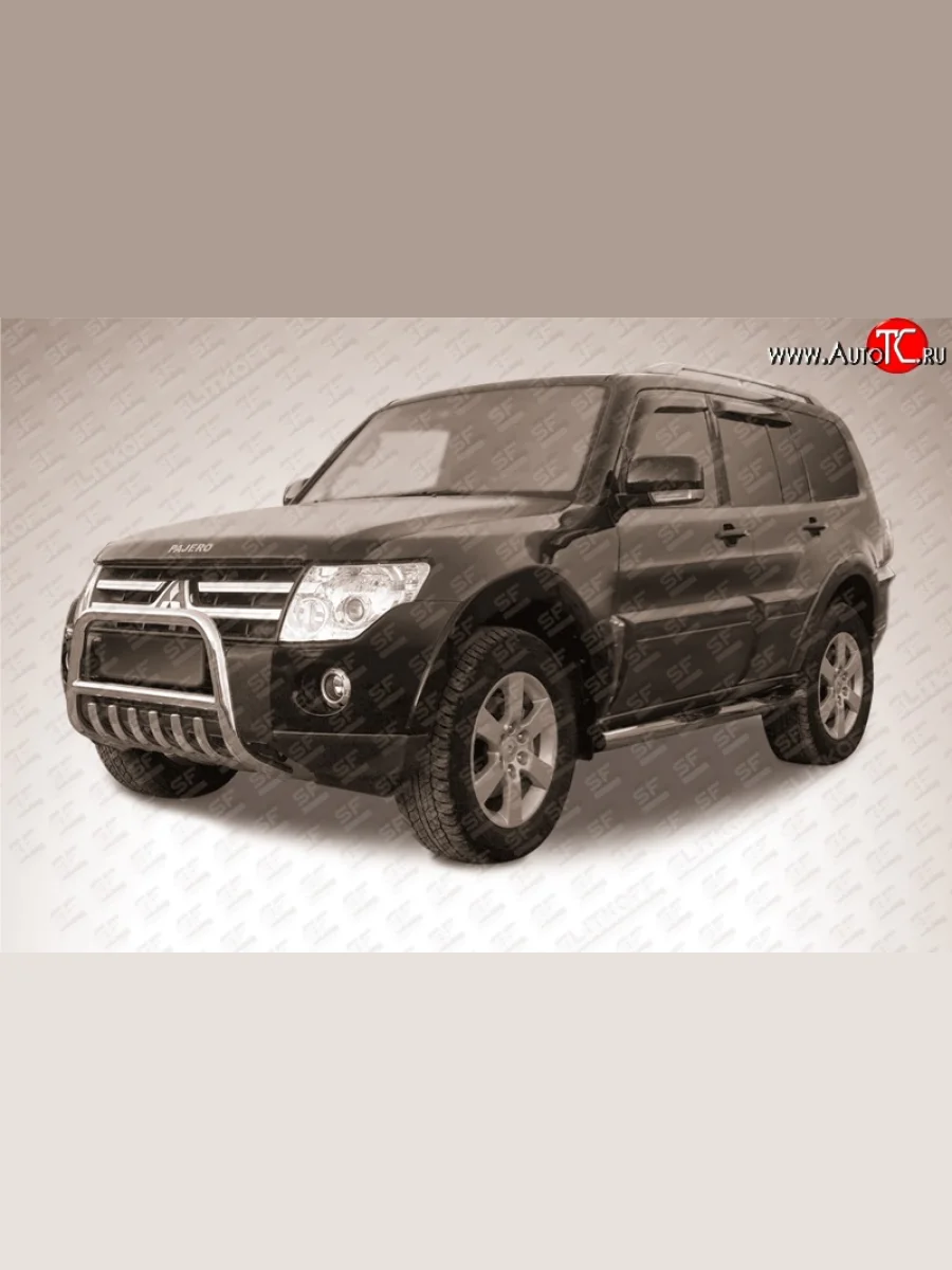 Усиленная низкая защита переднего бампера с защитой картера из трубы диаметром 57 мм Slitkoff  Mitsubishi Pajero (2006-2015) 4 V90, 4 V80 (Нержавейка, Полированная)  в Перми Пермском крае