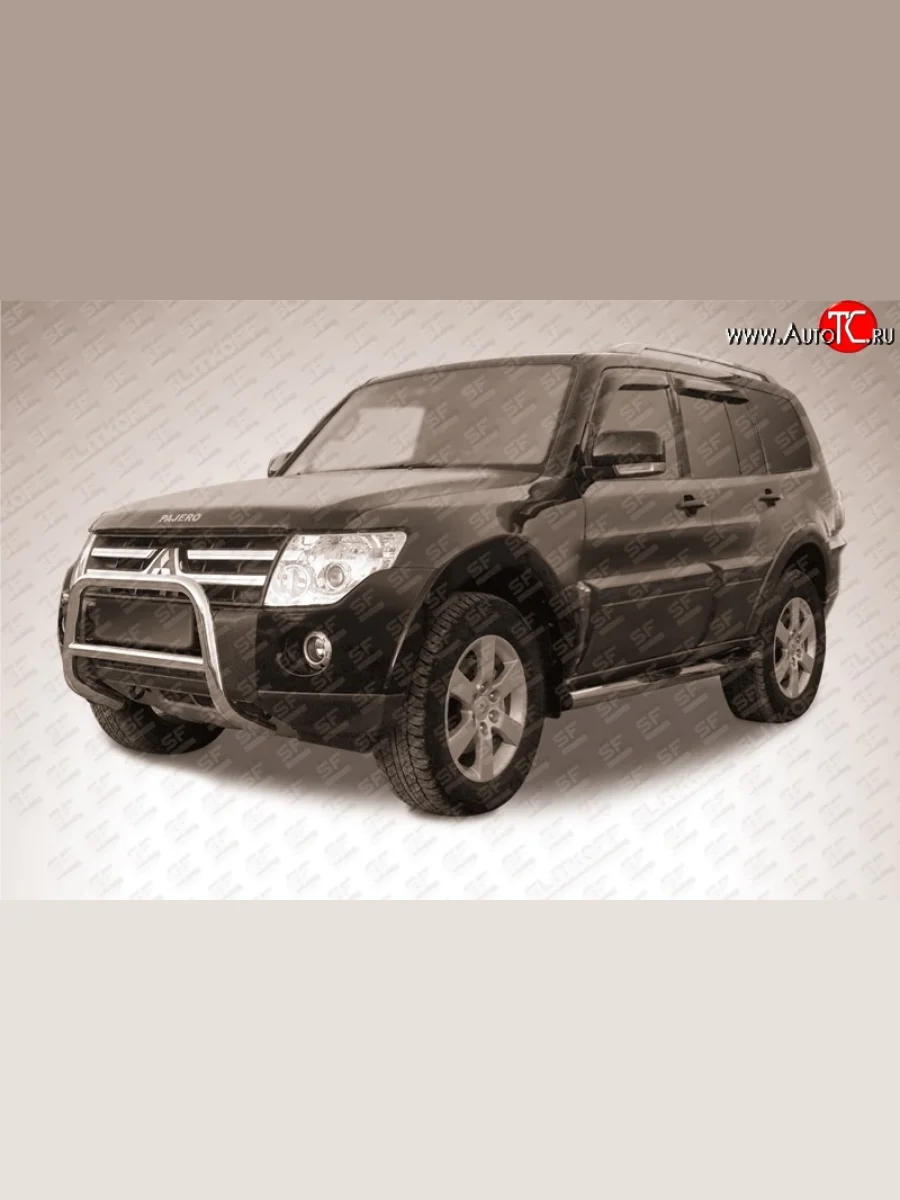 Усиленная низкая защита переднего бампера из трубы диаметром 57 мм Slitkoff Mitsubishi Pajero 4 V80 дорестайлинг (2006-2011) (Нержавейка, Полированная)  в Керчи Республика Крым