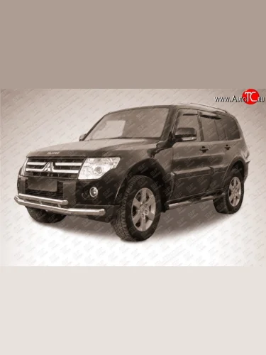 Двойная защита переднего бампера из двух труб диаметром 76 и 57 мм Slitkoff (Нержавейка) Mitsubishi Pajero ( 4 V90,  4 V80) (2006-2015) дорестайлинг, 1-ый рестайлинг, 3 дв. 1-ый рестайлинг