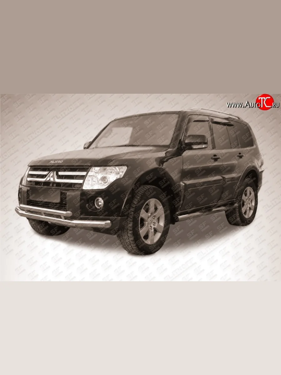 Двойная защита переднего бампера из двух труб диаметром 76 и 57 мм Slitkoff Mitsubishi Pajero 4 V90 дорестайлинг (2006-2011) (Нержавейка, Полированная)  в Керчи Республика Крым