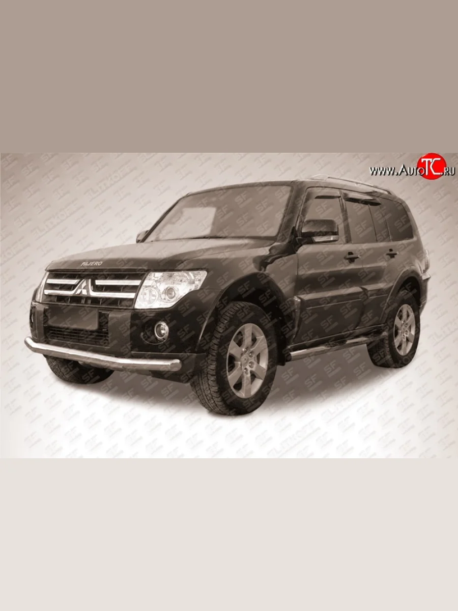 Одинарная защита переднего бампера из трубы диаметром 76 мм Slitkoff  Mitsubishi Pajero (2006-2015) 4 V90, 4 V80 (Нержавейка, Полированная)  в Керчи Республика Крым