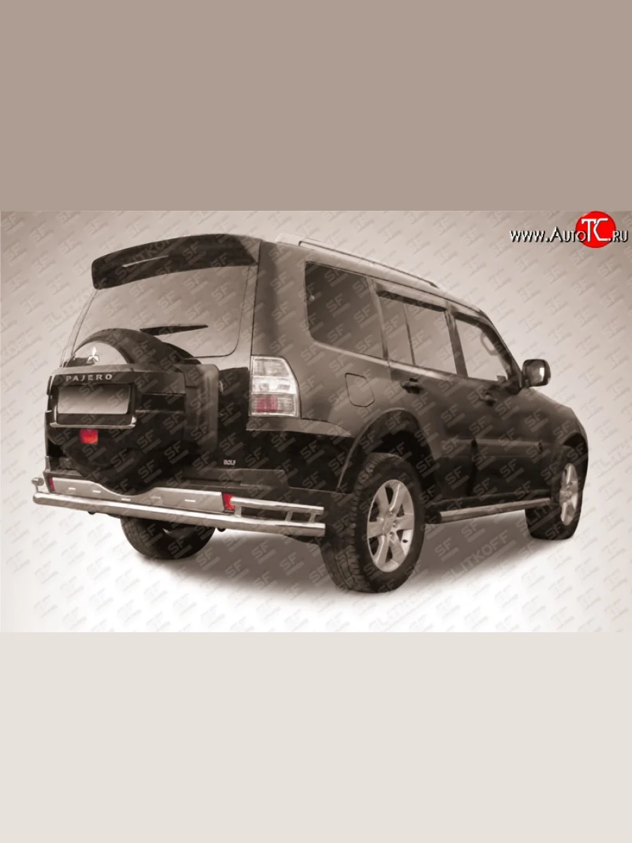 Двойная защита заднего бампера из трёх труб диаметром 76 и 42 мм Slitkoff Mitsubishi Pajero 4 V90 дорестайлинг (2006-2011) (Нержавейка, Полированная)  с доставкой в г. Керчь