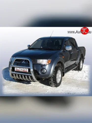 Защита переднего бампера Slitkoff (Ø76 мм, кенгурятник с защитой картера) (Нержавейка) Mitsubishi L200 4  дорестайлинг (2006-2014)