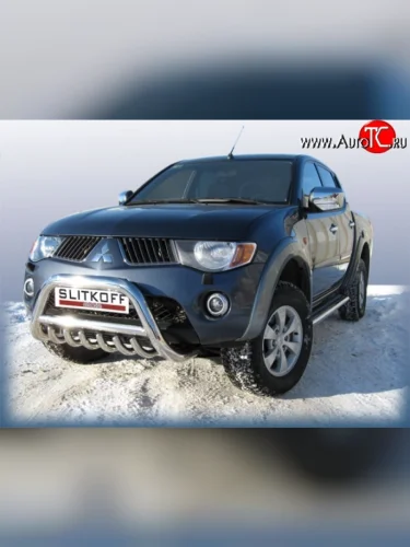 Усиленная низкая защита переднего бампера с защитой картера из трубы диаметром 76 мм Slitkoff (Нержавейка) Mitsubishi L200  4 (2006-2014)  дорестайлинг