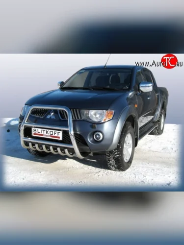 Усиленная высокая защита переднего бампера с защитой картера из трубы диаметром 57 мм Slitkoff (Нержавейка) Mitsubishi L200 4  дорестайлинг (2006-2014)