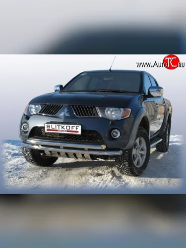 Двойная защита переднего бампера из труб диаметрами по 57 мм с защитой картера Slitkoff (Нержавейка) Mitsubishi L200 ( 4,  5 KK,KL) (2006-2022)  дорестайлинг, рестайлинг
