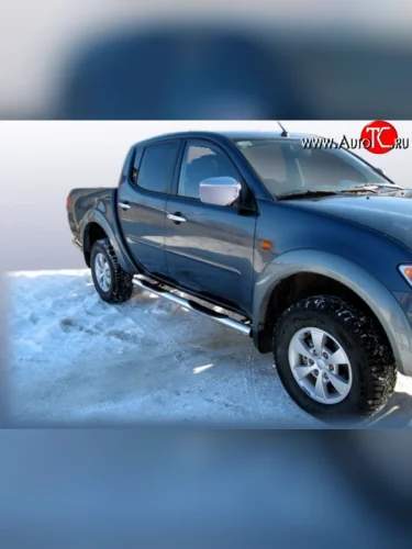 Защита порогов из трубы d76 мм с пластиковыми вставками для ног Slitkoff (Нержавейка) Mitsubishi L200 4  дорестайлинг (2006-2014)