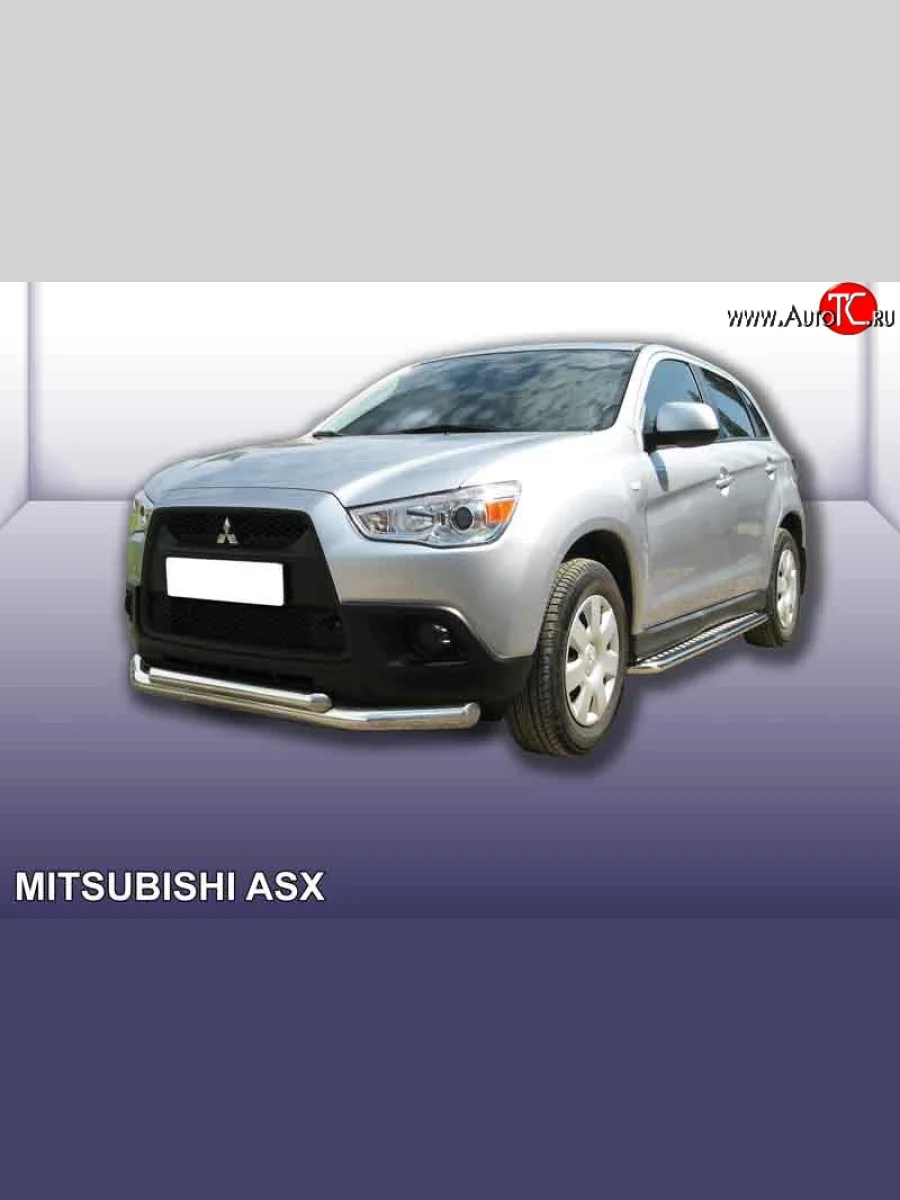 Двойная защита переднего бампера из двух труб диаметром 76 и 57 мм Slitkoff Mitsubishi ASX дорестайлинг (2010-2012) (Нержавейка, Полированная)  в Керчи Республика Крым